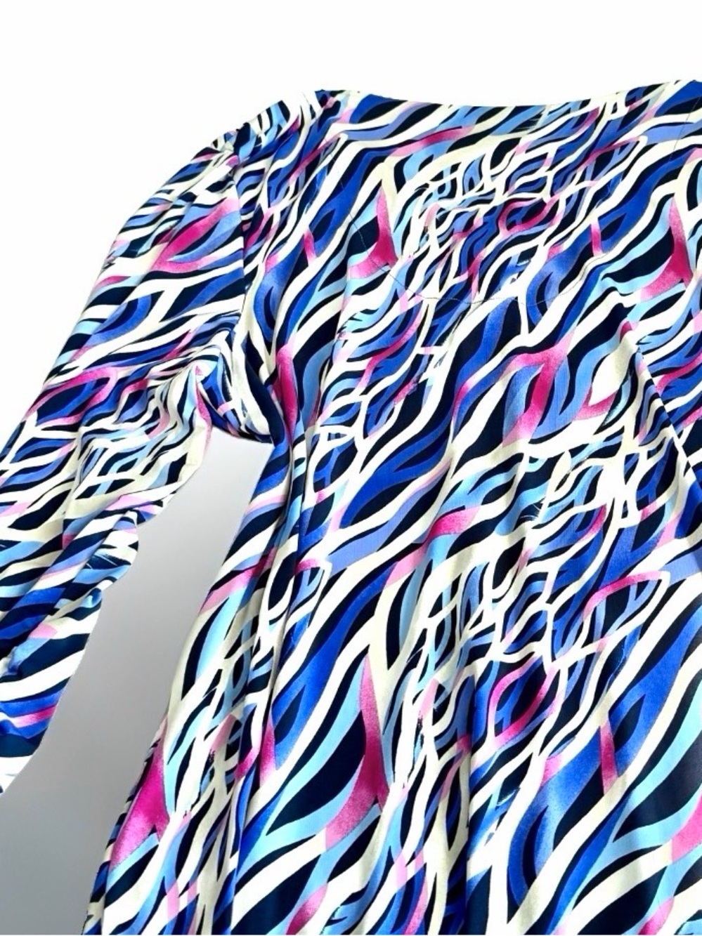 JM Collection Blue Pink Black Abstract Print Long Sleeve Blouse L Zebra Zip Up